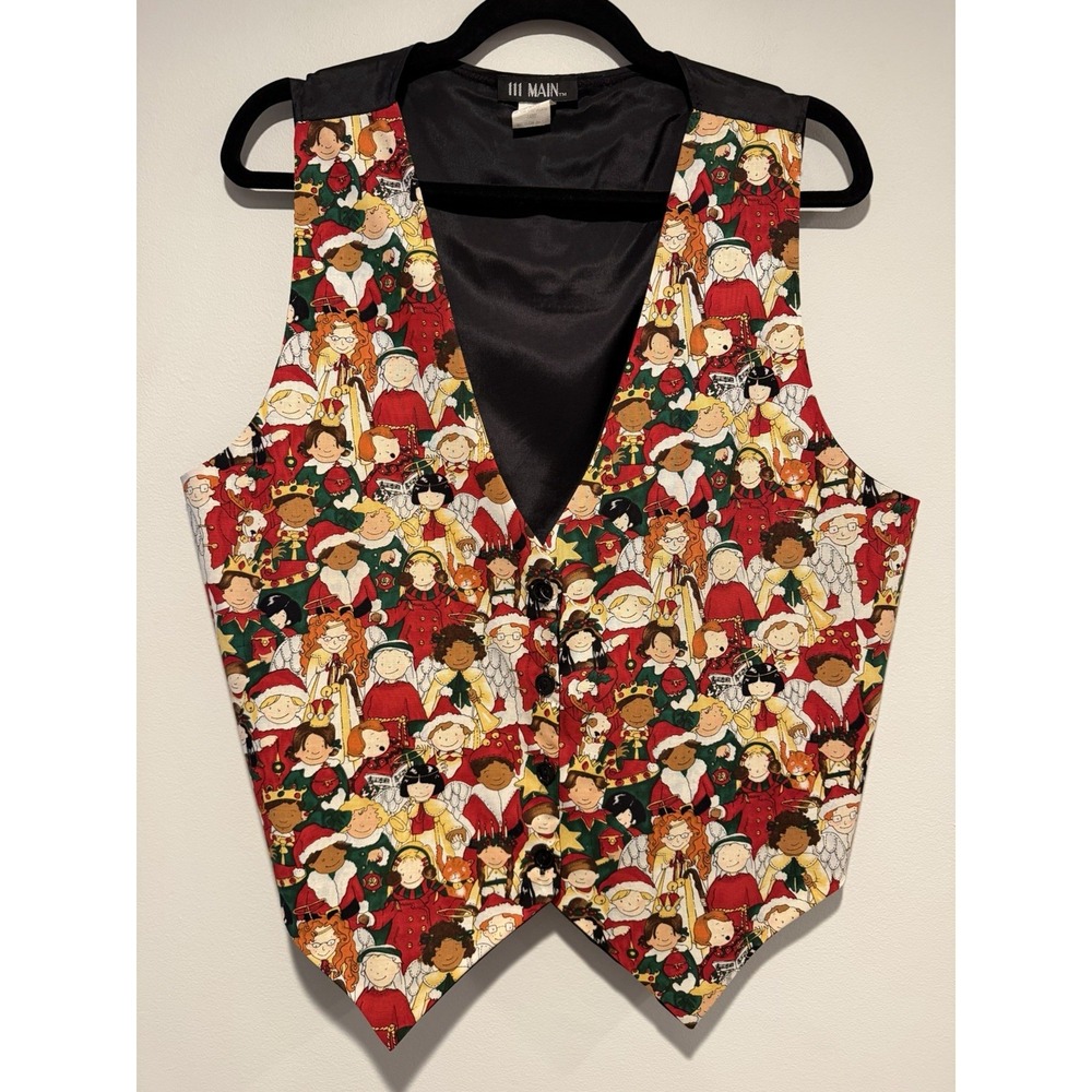 VTG 111 Main Womens Christmas Vest Size L CHILDREN/CAROLERS Santa Kitschy Music